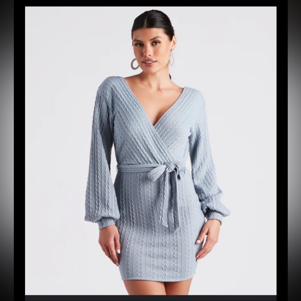 Windsor Cozy Cable Knit Tie-Front Mini Dress Size M Baby Blue